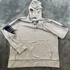 Banana Republic Mens XL Waffle Knit Henley Hoodie Cream Gray Stripe Sleeve